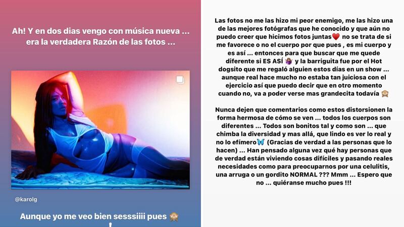 Karol G da lecciones de autoestima y amor propio a haters que la llamaron "gorda"