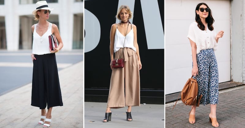 Pantalones culotte fluidos o estampados y mules