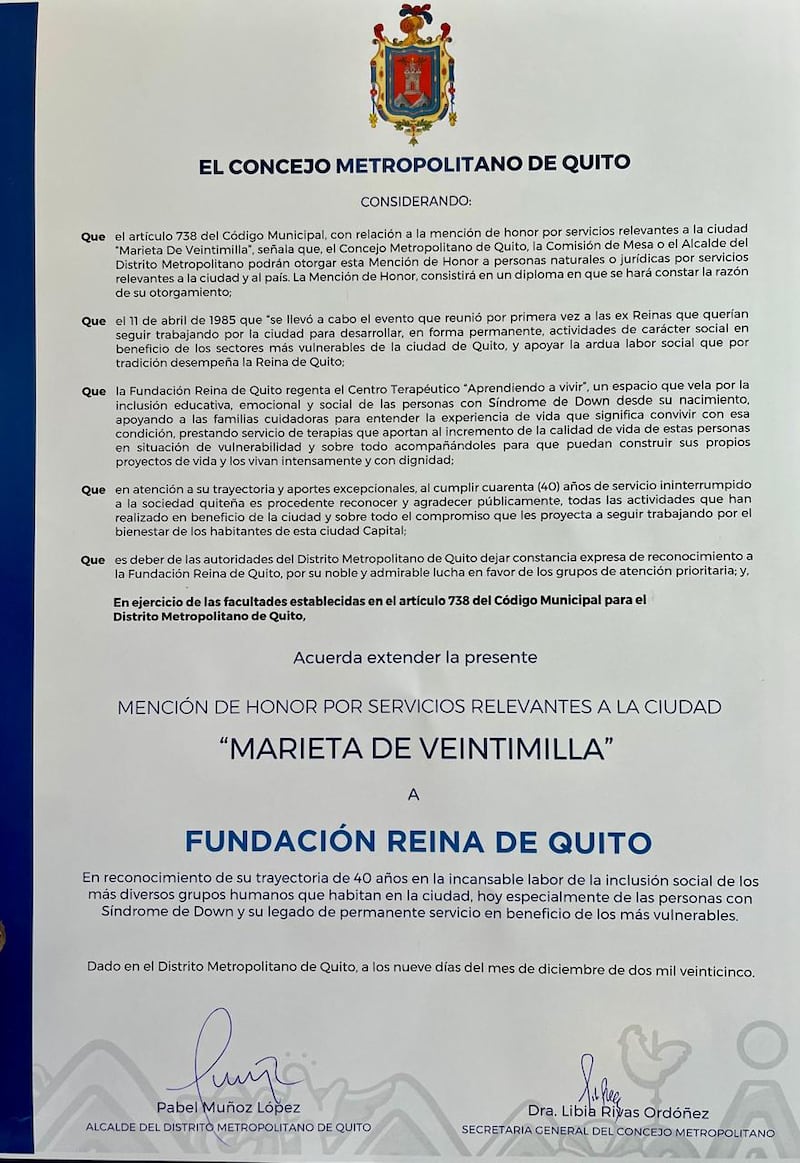 Reconocimiento a la Fundación Reina de Quito