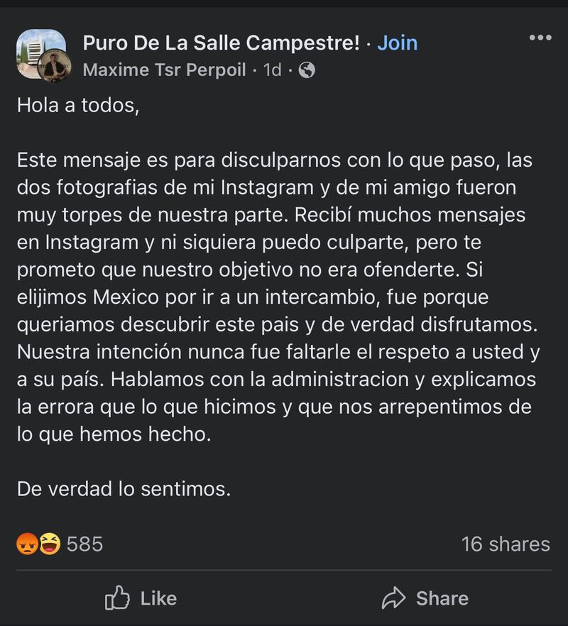 Uno de los estudiantes franceses que ofendieron a los mexicanos envió un mensaje disculpándose