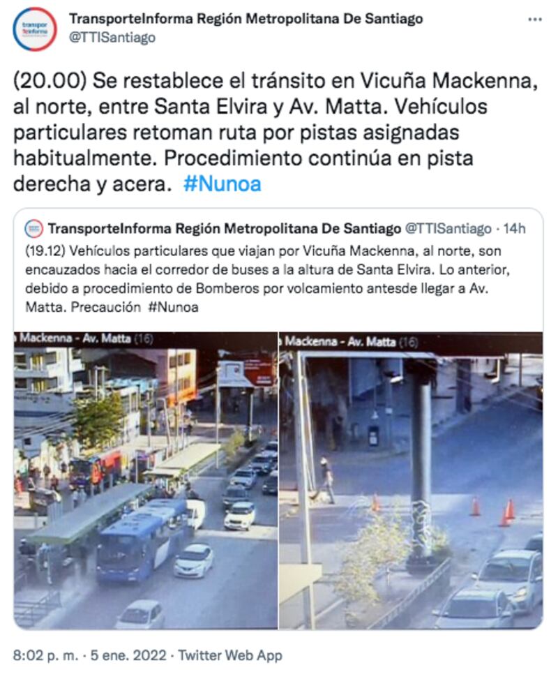 Transporte Informa señaló el restablecimiento del tránsito tras accidente de Simón Oliveros en Ñuñoa