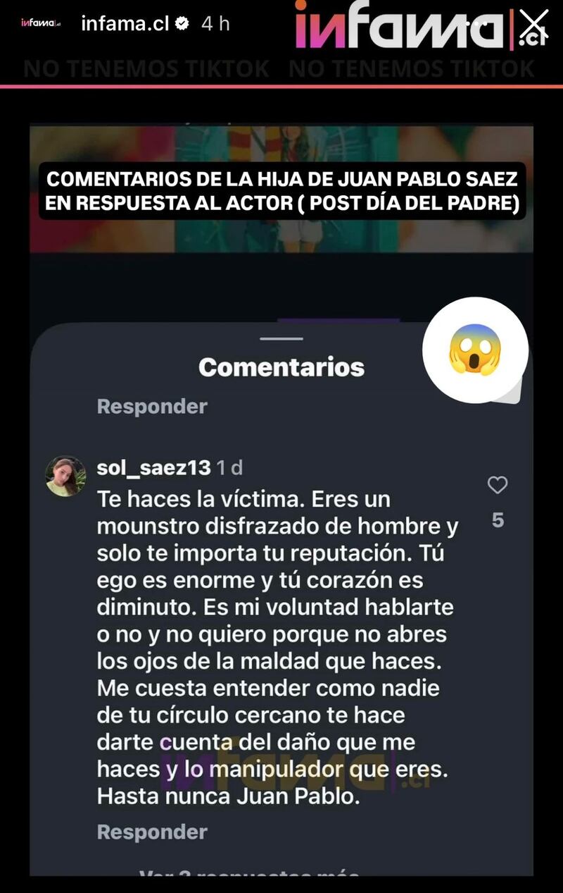 Post con comentario de hija de Juan Pablo Sáez