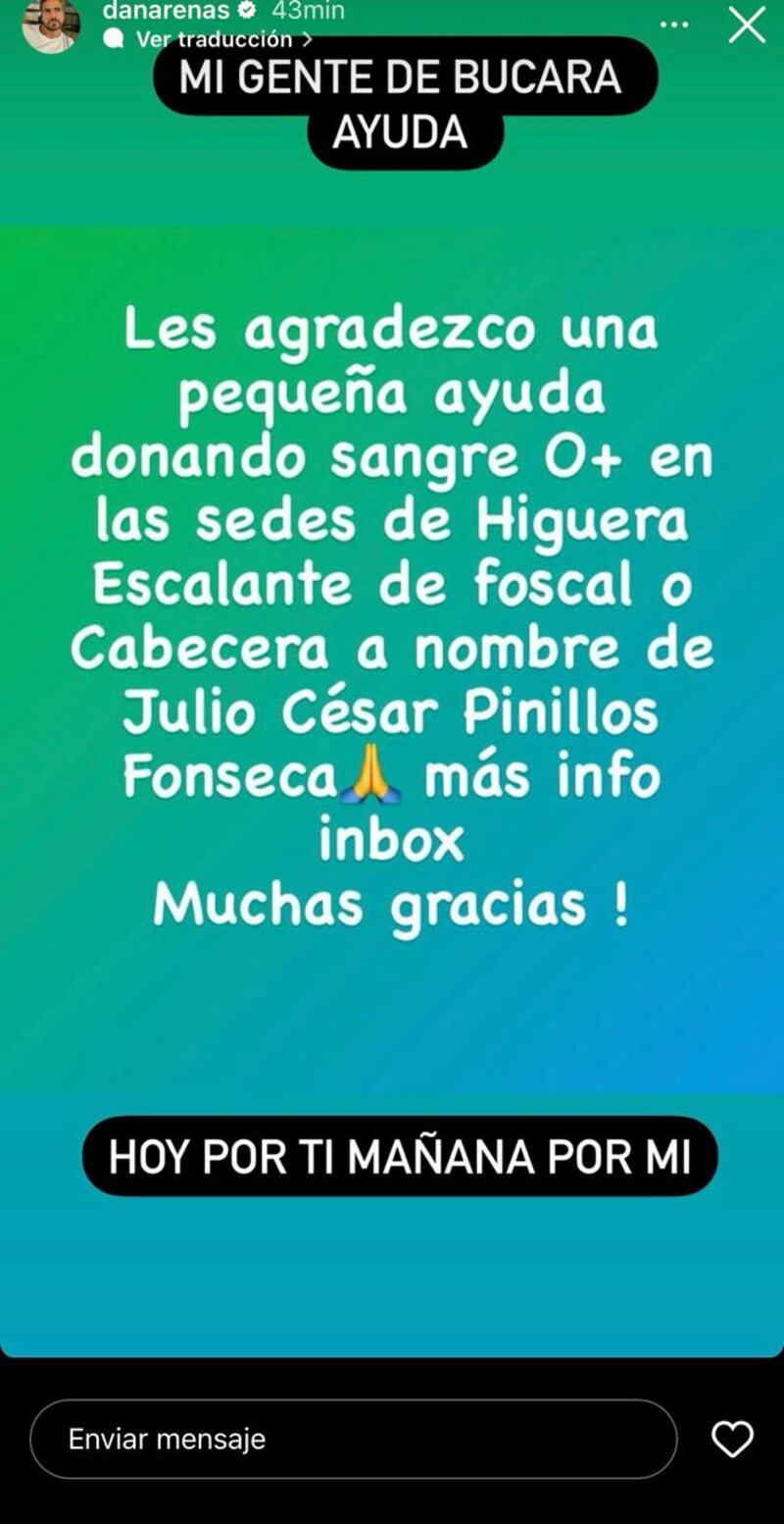 Daniel Arenas pide ayuda para donación de sangre en Bucaramanga a pesar de estar radicado en Miami