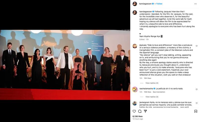 Publicación de Karla Sofía Gascón en Instagram