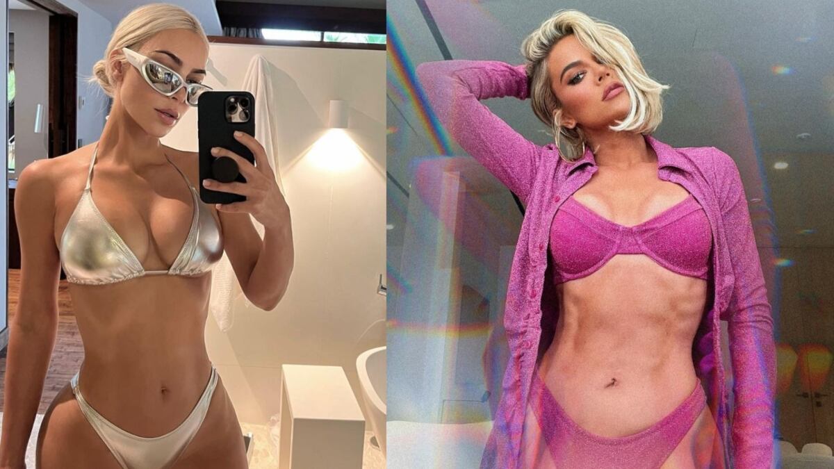 Khloé Kardashian y Kim Kardashian posan en bikini, mostrando su abdomen y delgadez