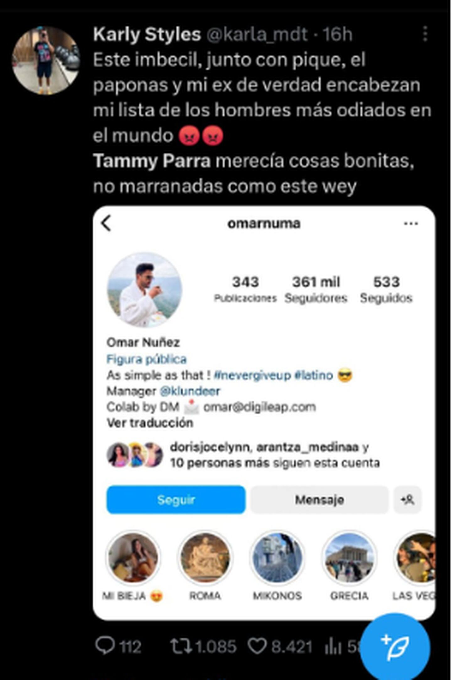 Comentarios de hate que le han dejado a Omar Núñez en sus redes