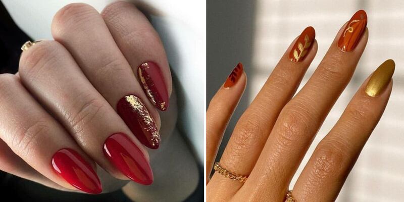 Diseños de uñas rojas con dorado