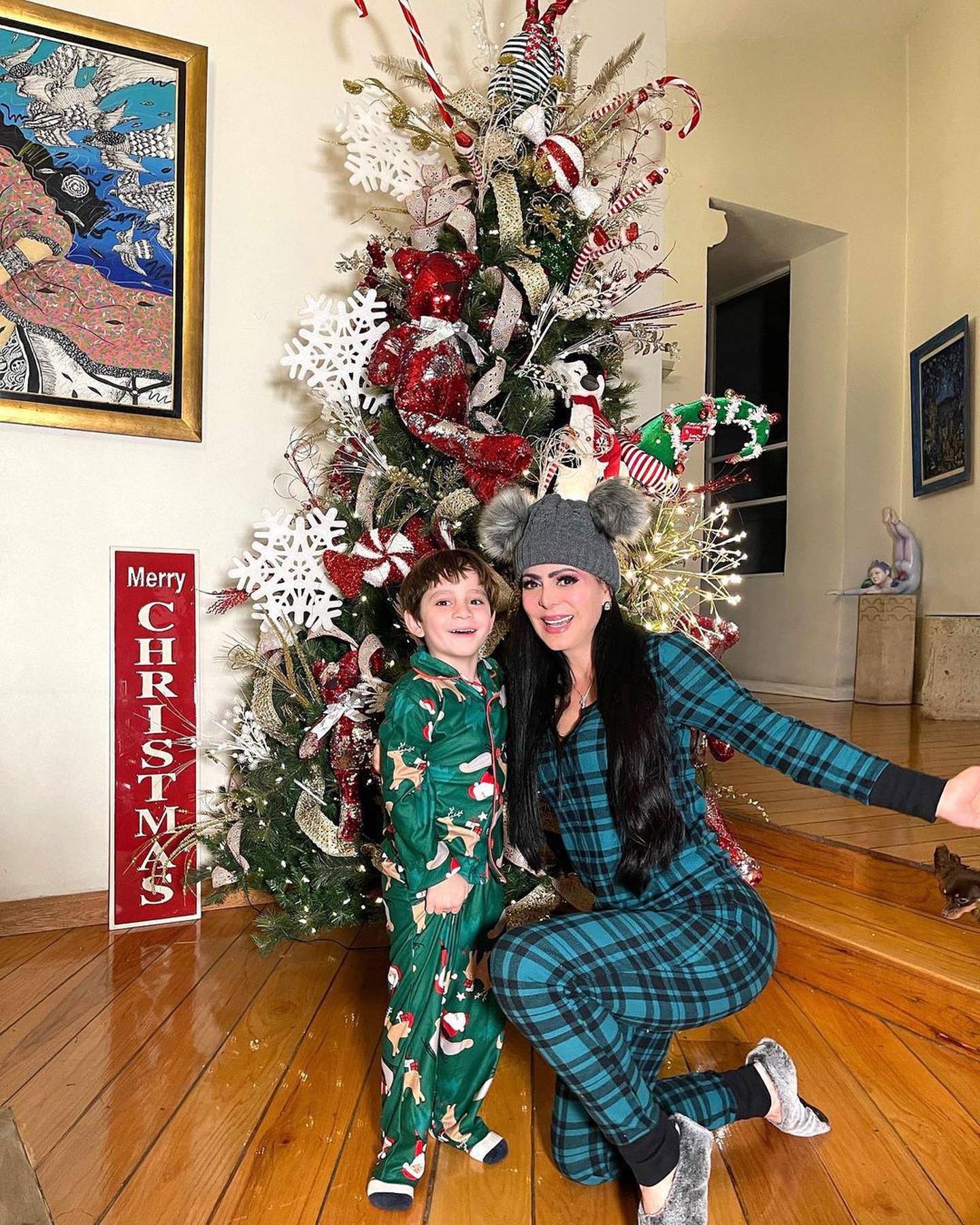Maribel Guardia y su nieto posando con su árbol de Navidad este 2022